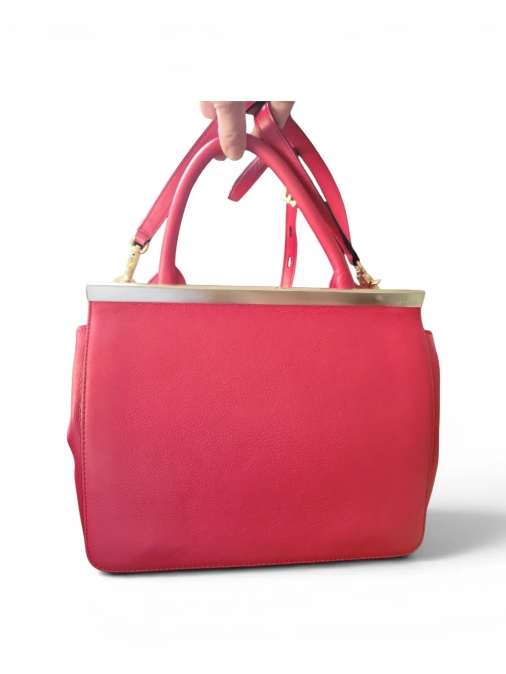 Botkier Red Leather Framed Satchel With Front Flap Closure W/Removable Crossbody